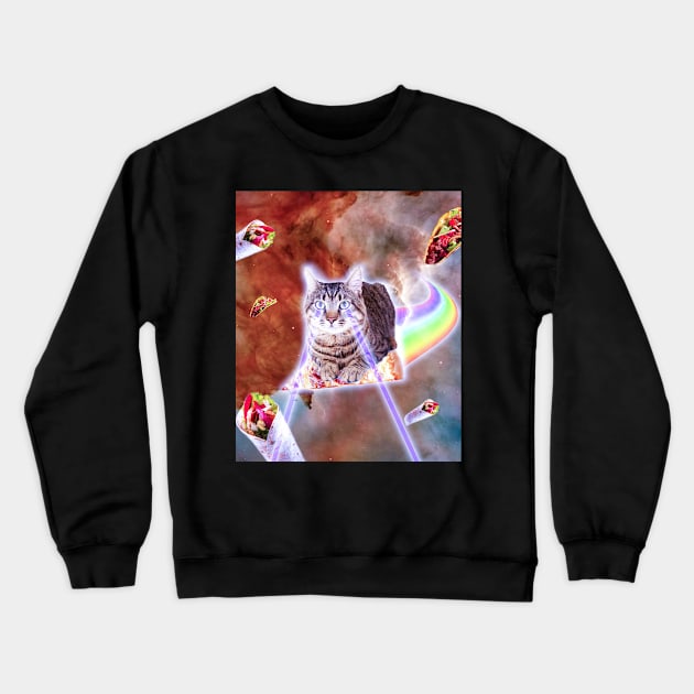 Laser Eyes Space Cat Riding Rainbow Pizza Crewneck Sweatshirt by Random Galaxy